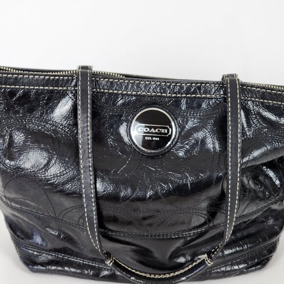 Authentic Coach Black Patent Leather Tote Bag – Large Logo Medallio - Picture 1 of 4